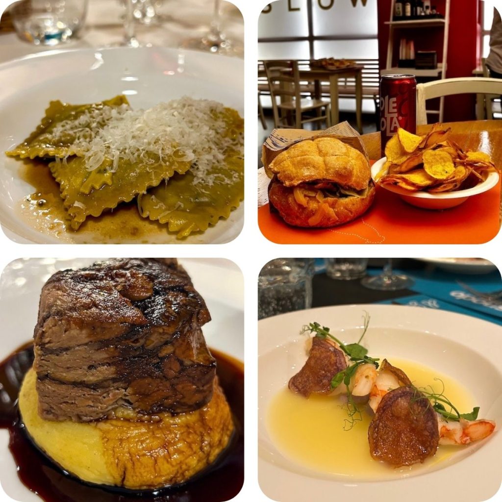 Piatti tipici della tradizione piemontese: Agnolotti di carne, Mc Bun Burger, brasato al Barolo e antipasto di pesce