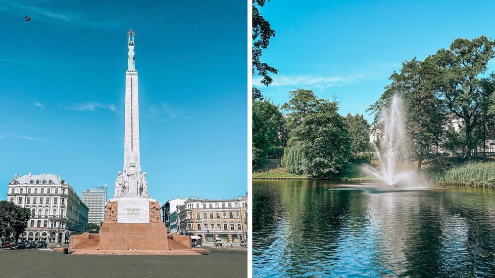 Vista obelisco della Libertà e piazza adiacente di Rīga e vista sul fiume che attraversa il parco Bastejkalna