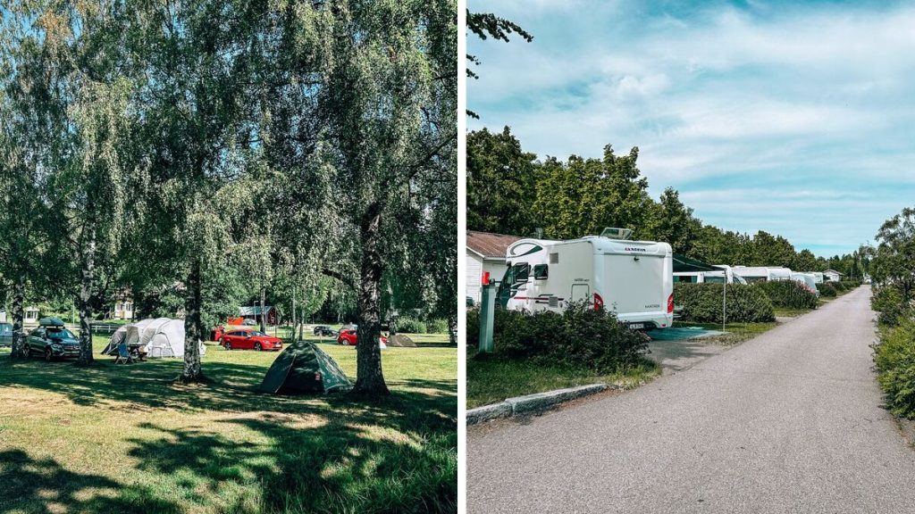 Vista del camping Restila di Helsinki, area verde con alberi e tende e del viale con le piazzole per camper