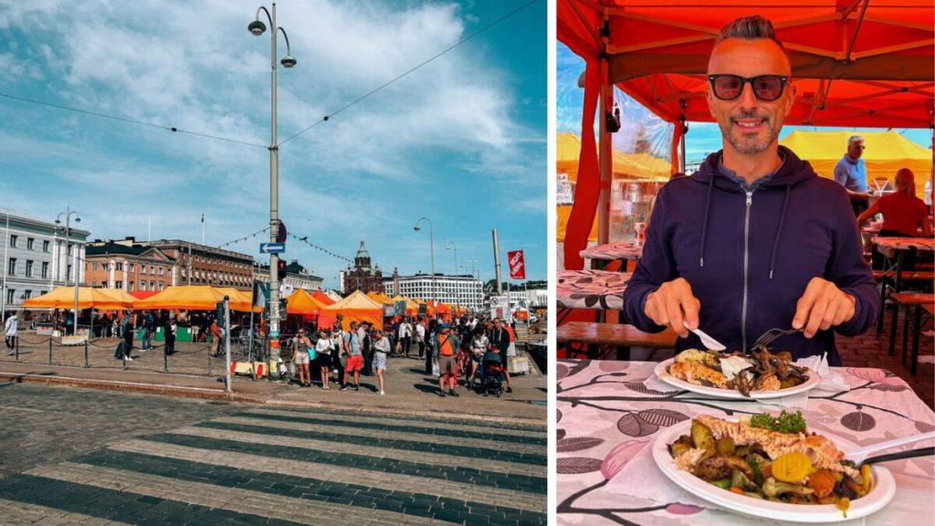 Vista sulla piazza del mercato e un ragazzo mentre assapora un piazzo di pesce con verdure