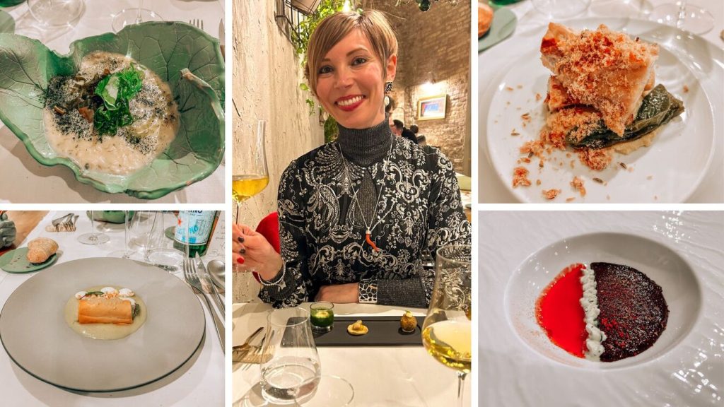 Esperienza tra i sapori del ristorante Portanova: ragazza con calice di vino bianco e 4 piatti della degustazione