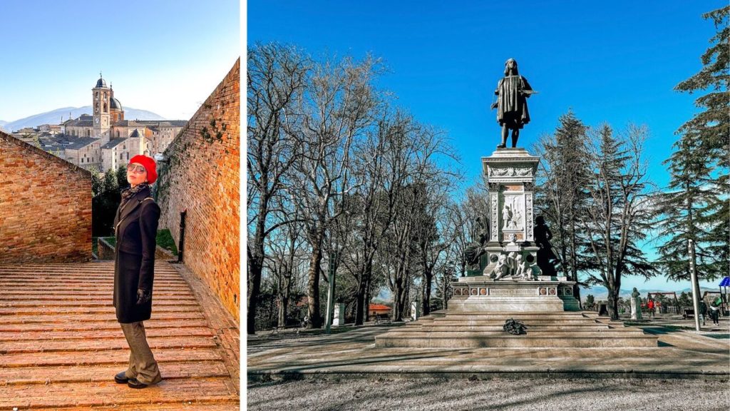 Vista della statua dedicata a Raffaello e uno scorcio di una via acciottolata con ragazza in posa