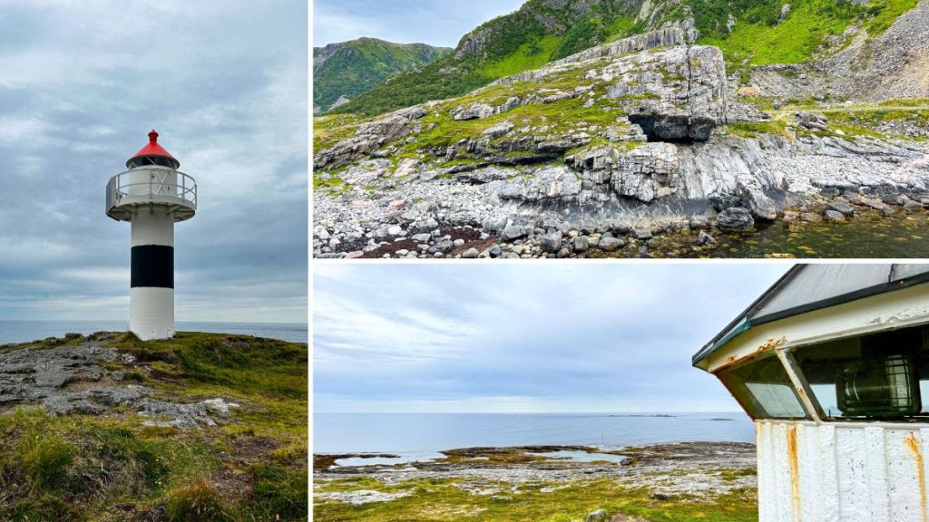 Bukkekjerka altare naturale, una caverna Bukkekjerka altare naturale, una caverna scavata nella roccia sull'isola di Andøya e il faro adiacente.Norvegia settentrionale