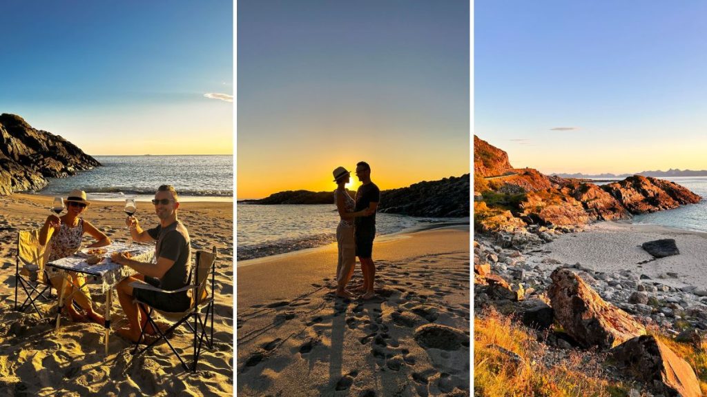 Direzione Andenes, spiaggia di Noss, cena e relax in una spiaggia paradisiaca durante un lungo tramonto di agosto